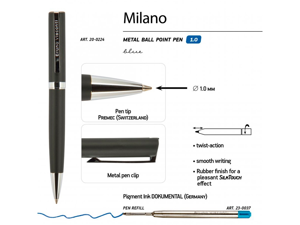 Ручка шариковая автоматическая BrunoVisconti® MILANO цвет корпуса черный, 1 мм